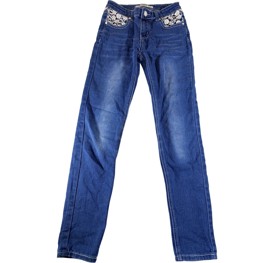 Free Planet Girls Blue Denim Skinny Jeans Floral Lace Crochet Pockets Size 12
